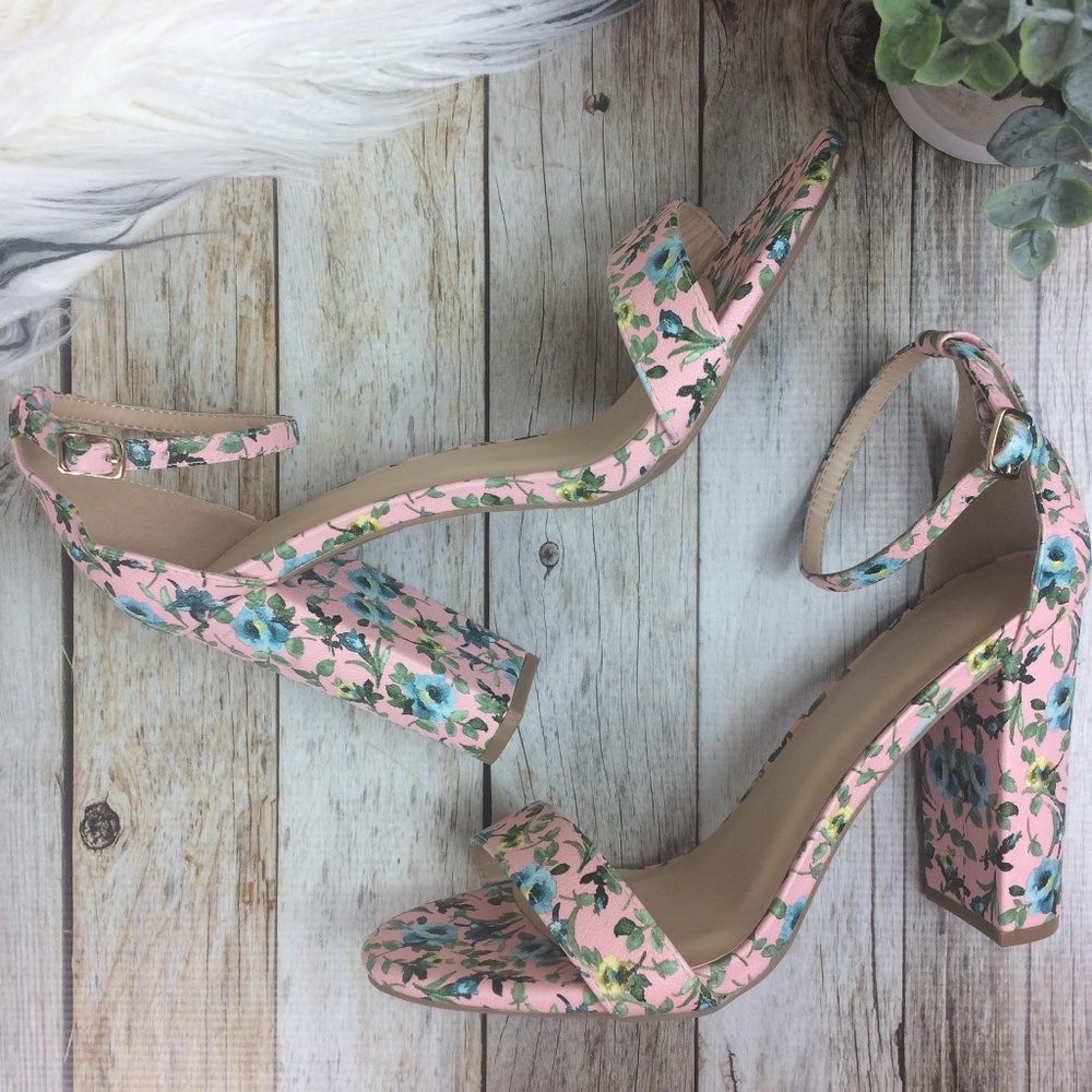 Wild Diva Pink Floral Chunky Heel
